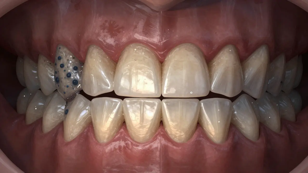 Srovnání molárů s biofilmem a předních zubů s ochrannou slínou a remineralizací v anatomickém zobrazení.