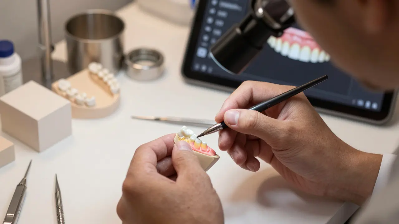 Technician hand-painting a ceramic veneer with fine brushstrokes to replicate natural enamel texture.