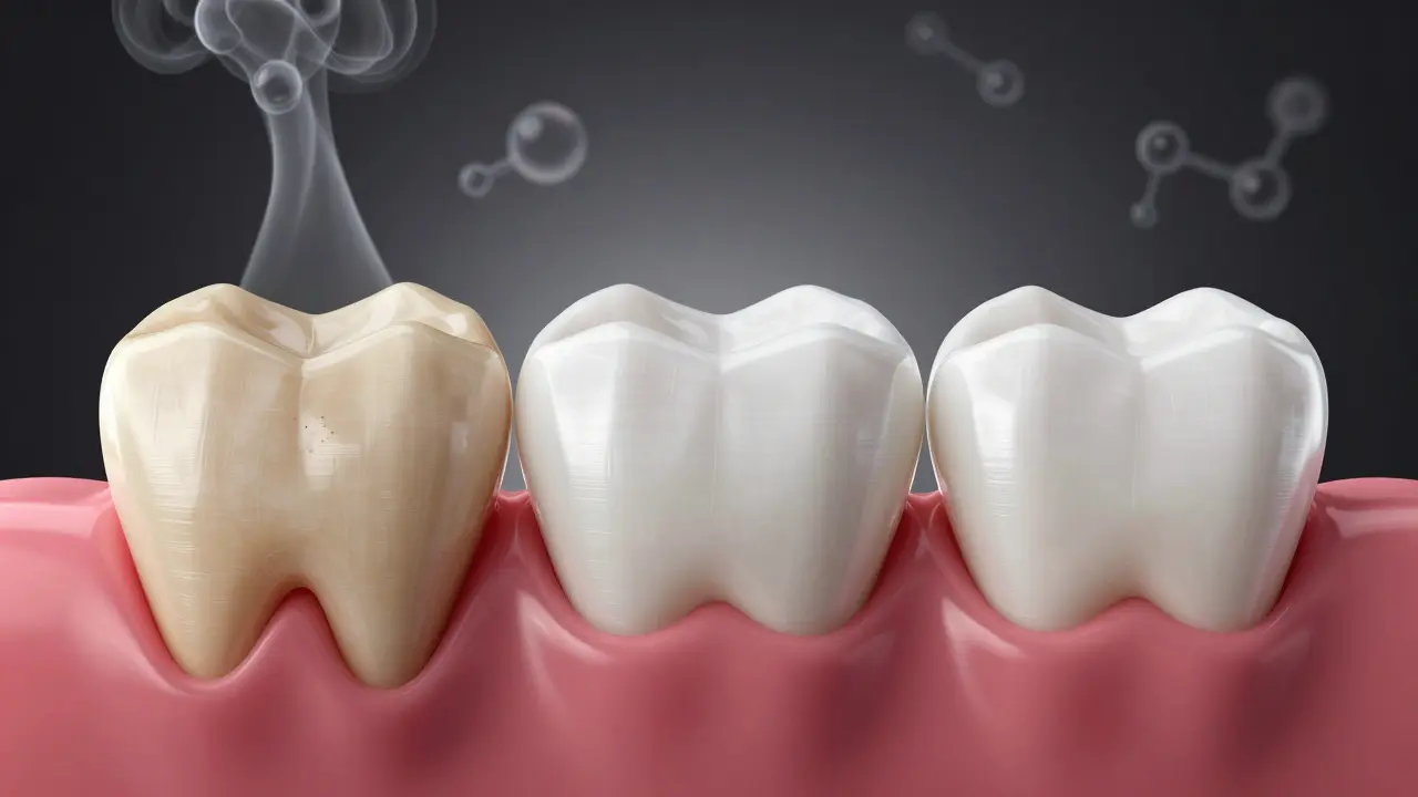 Three types of tooth whitening results side by side: stained, paste-treated, and professionally whitened.