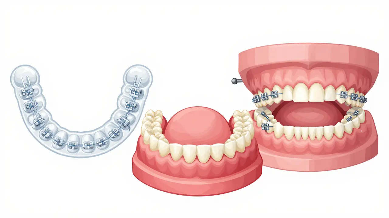 Tři typy neviditelných ortodontických zařízení: transparentní šablony, linguální rovnátka a keramická rovnátka.