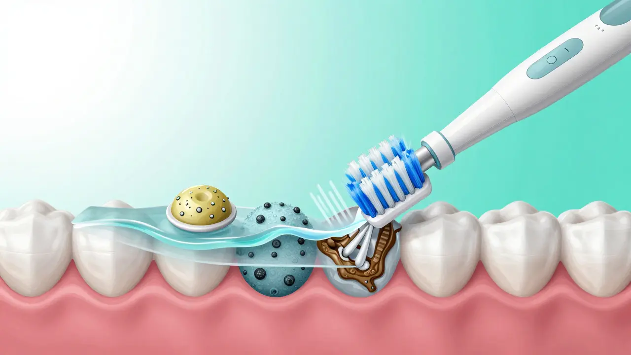 Vnitřní mechanismus ultrasonického čističe zubů rozkládá bakteriální biofilm na zubech.