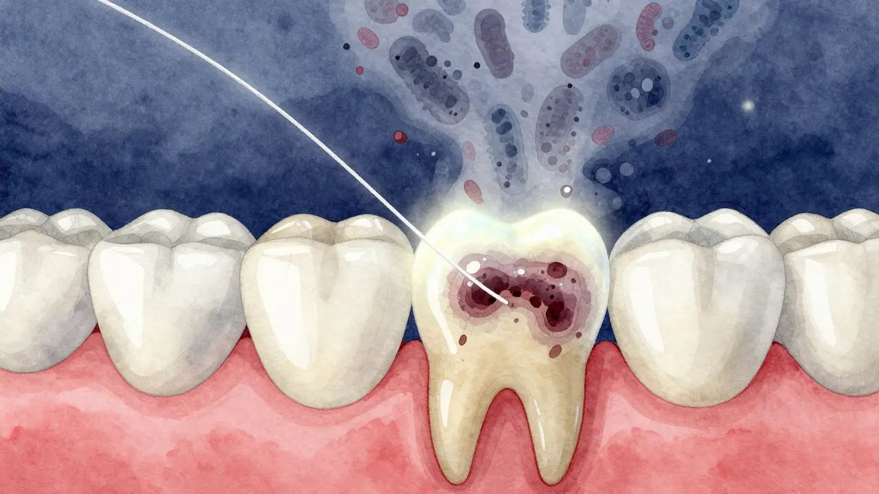 Vodová barva ilustrující nit odstraňující plak mezi zuby a rozptylující bakterie světlem.