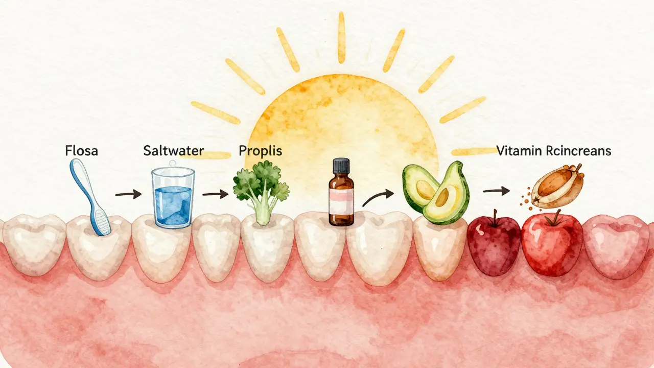 Zdravé a zánětlivé dásně spojené cestou denních návyků, slunce na obzoru znamená prevenci.