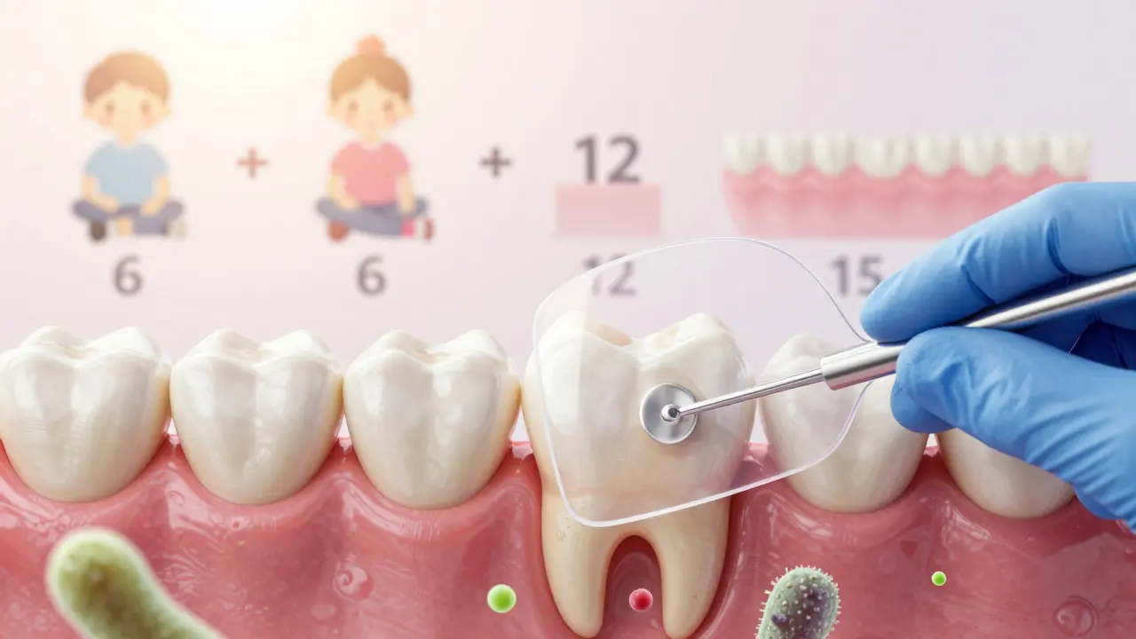 Zubář aplikuje sealant na molár, zatímco mikroskopický pohled ukazuje bakterie mimo ochrannou vrstvu.