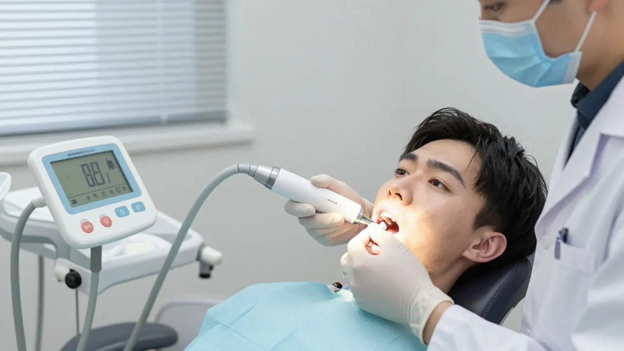 Zubař používá laserový detektor k detekci poškození sklovin, které není viditelné očima.