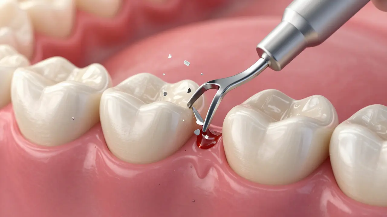 Zubní lékař odstraňuje zubní kámen ultrazvukovým nástrojem