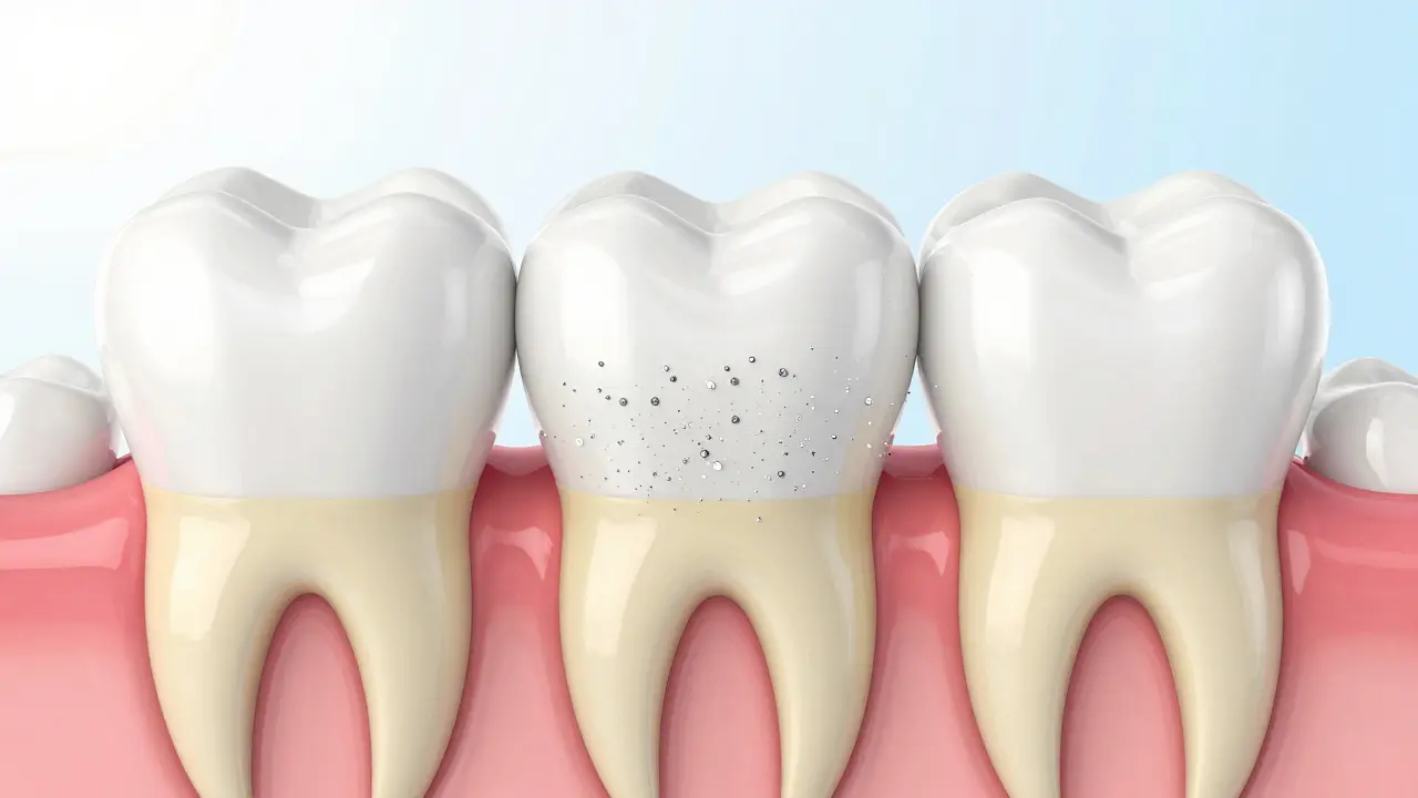 3D ilustrace průřezu zubu znázornující sklovinu a dentin.