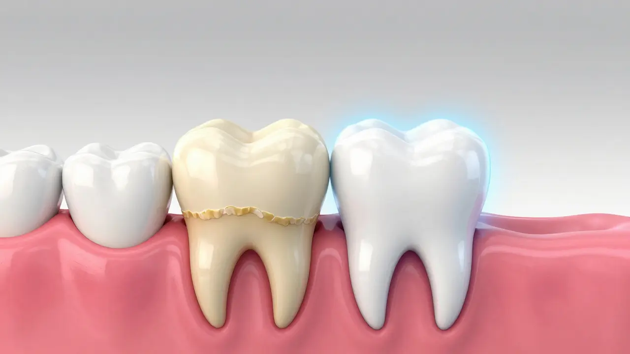 3D ilustrace srovnání zubu s zubním kamenem a čistého zubu.