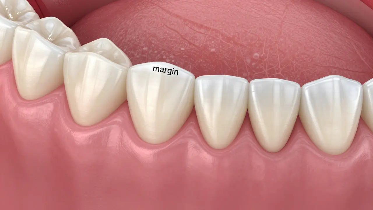 3D schéma přechodu mezi zubní fasetou a dásní