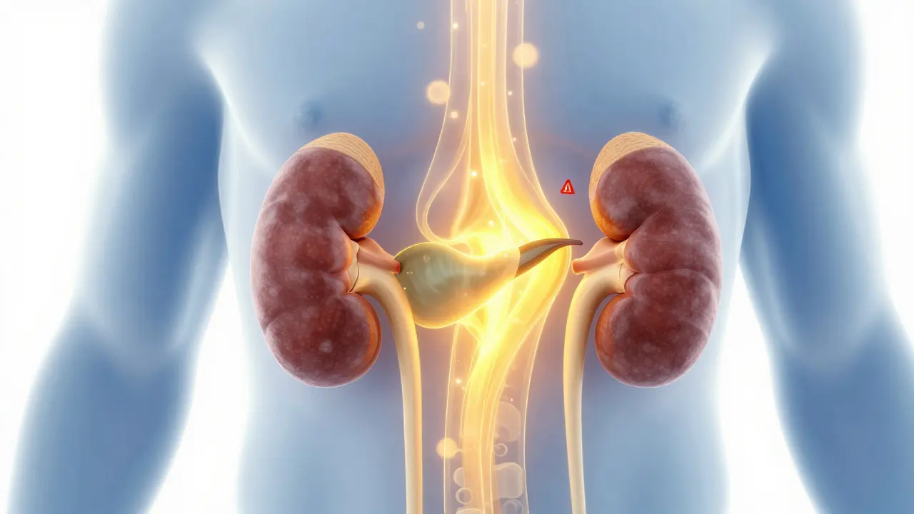 Anatomická ilustrace žlučníku a ledvin s žlutými prvky znázorňujícími účinek kurkuminu.