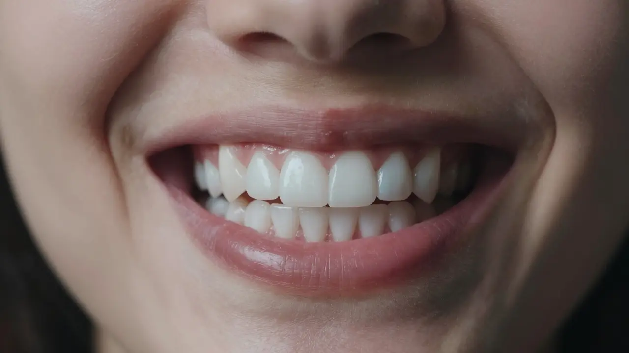 Detail nepřirozeně bílého a symetrického úsměvu s fasetami