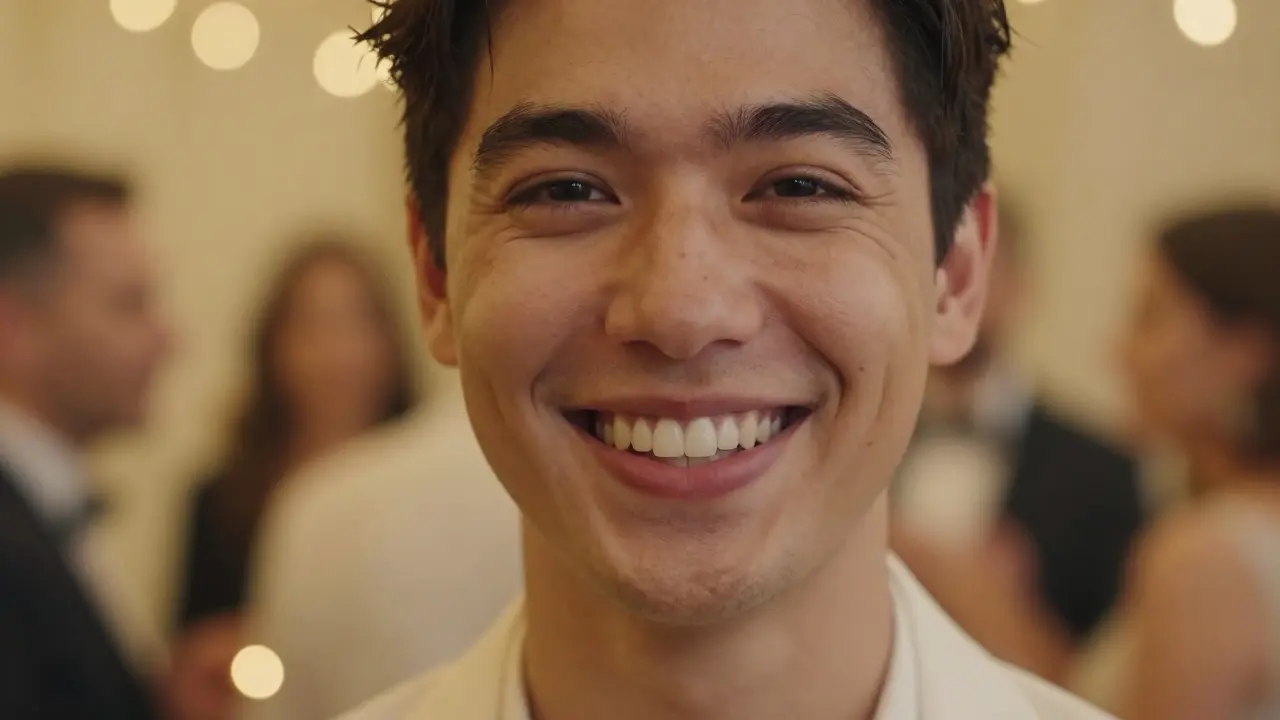 Detail sebevědomého úsměvu s přirozeně vypadajícími nalepovacími zuby.