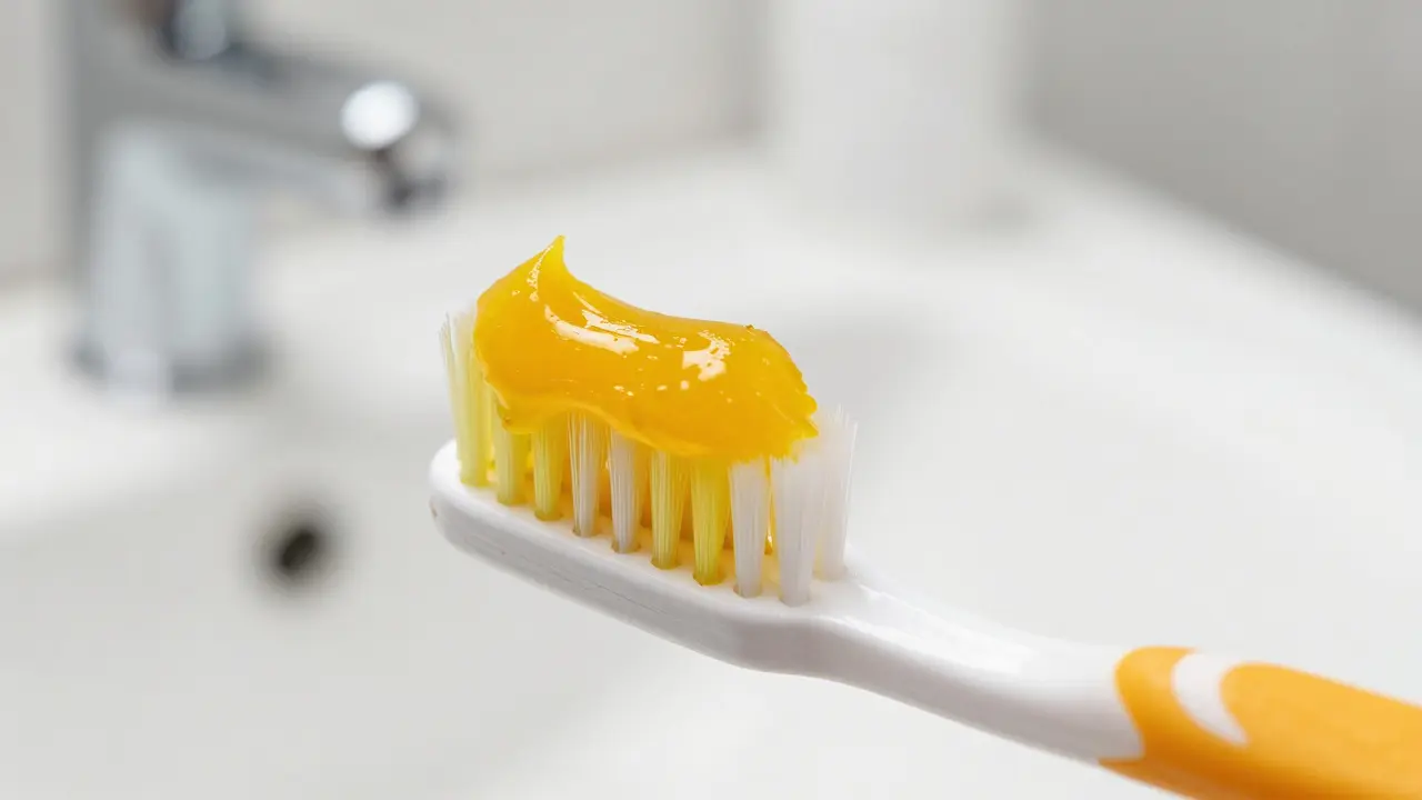 Detail zubního kartáčku s žlutou kurkumovou pastou v brightním koupelnovém prostředí.