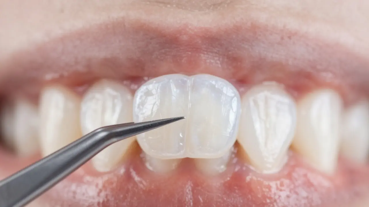 Detailní pohled na tenkou celokeramickou fazetu drženou pinzetou.