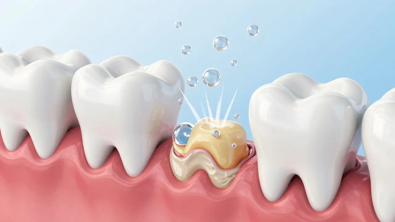 Ilustrace procesu kavitace, kdy bublinky odstraňují zubní kámen ze skloviny.