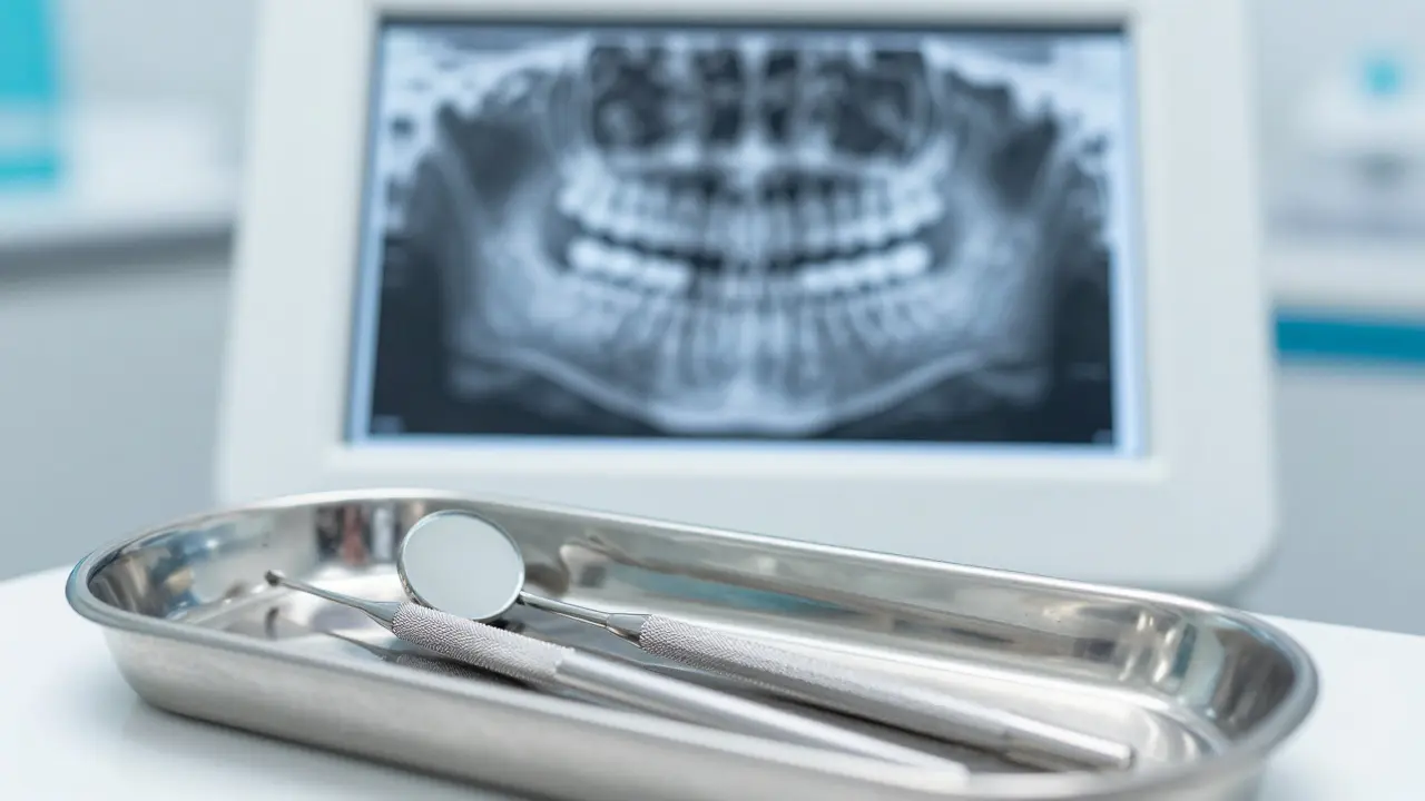 Klinické prostředí zubařské ordinace s rentgenovým snímkem čelistí v pozadí.