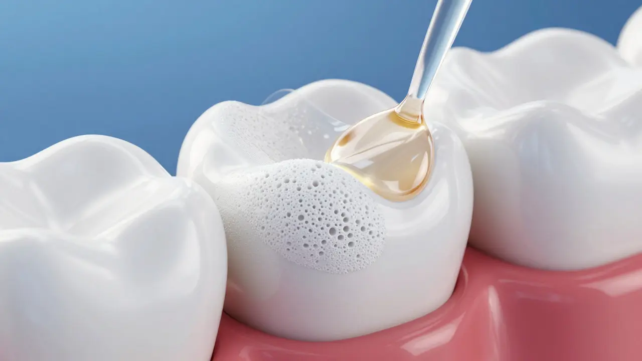 Konceptuální znázornění metody Icon při zaplnění pórů v zubní sklovine.