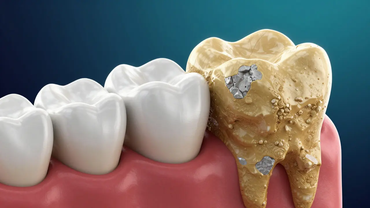 Konceptuální zobrazení přeměny měkkého plaku v tvrdý žlutý zubní kámen.