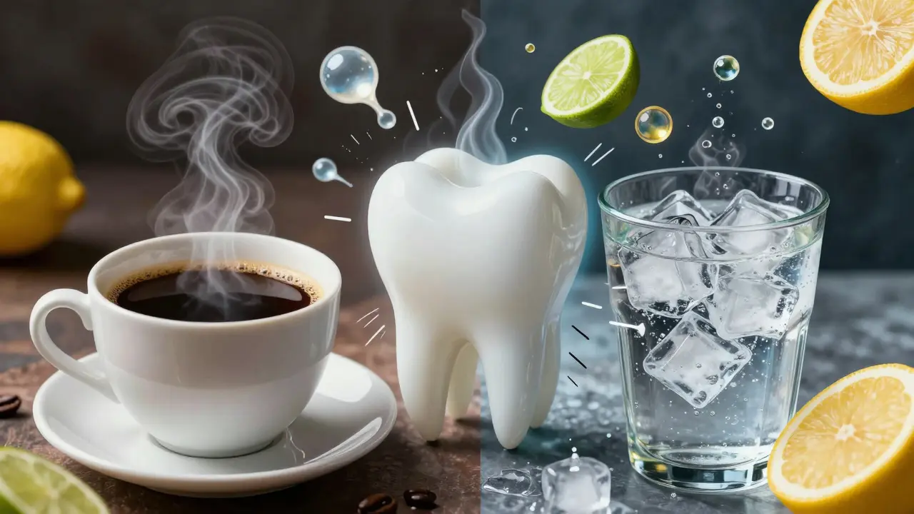 Konceptuální zobrazení teplotního šoku a chemické eroze zubů pomocí kávy a citrusů.
