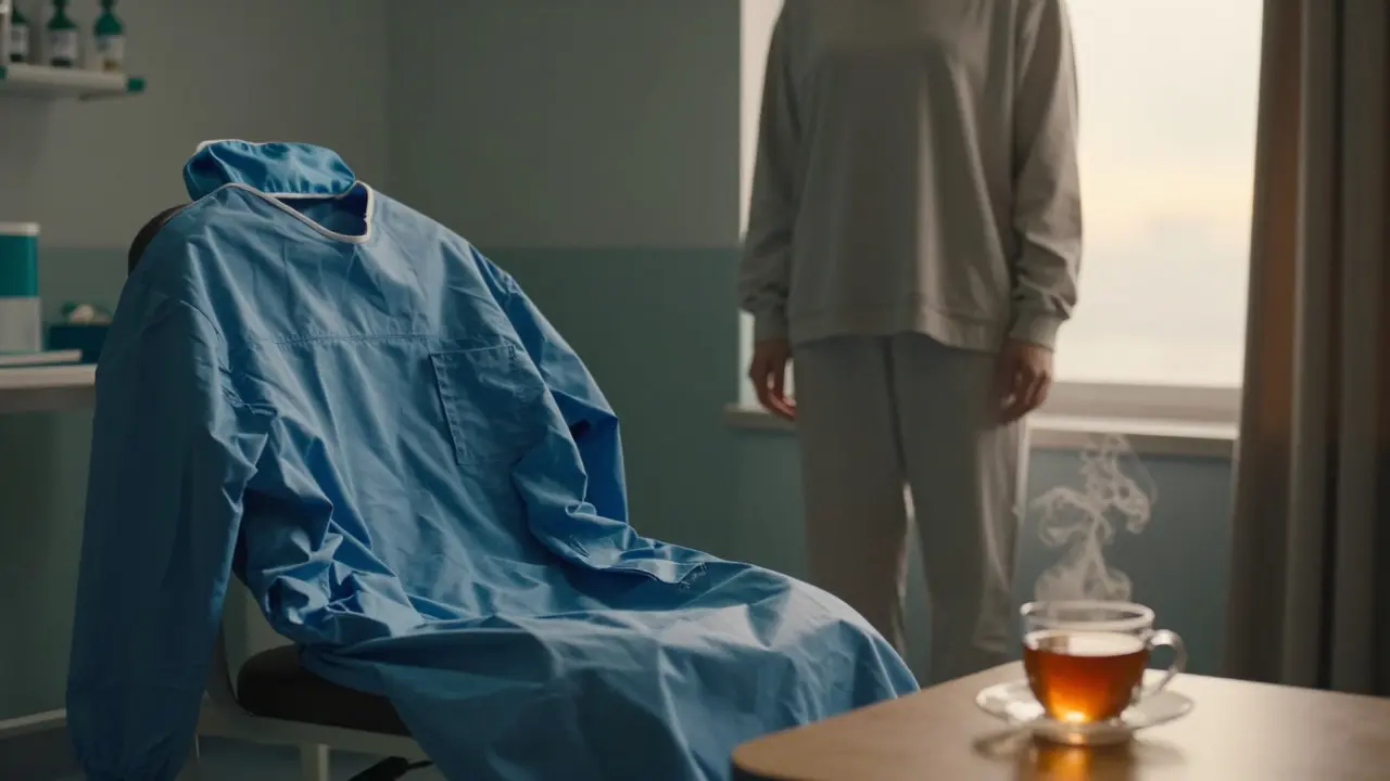 Kontrast mezi pracovními chirurgickými oděvy a klidnou domácí atmosférou při odpočinku.