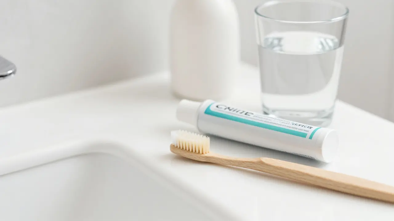 Koupelnový dřez s jemným kartáčkem a ochrannou zubní pastou.