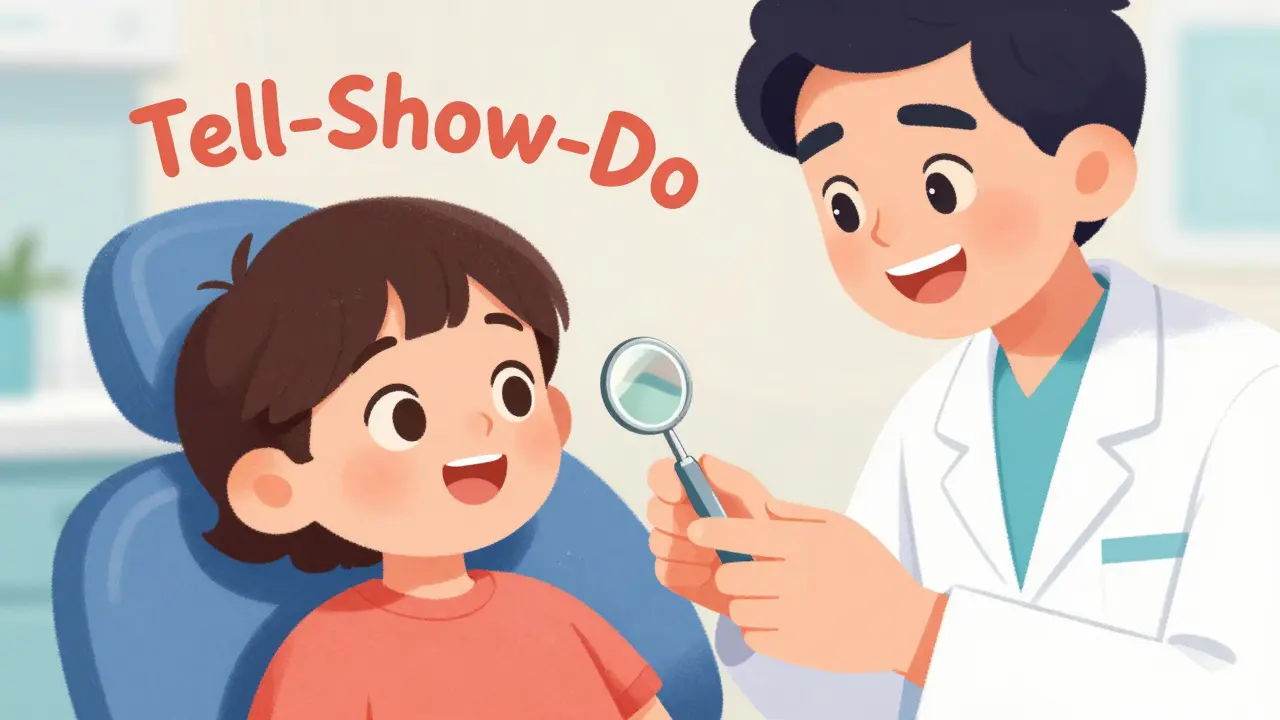 Kresba přátelského zubaře, který ukazuje dítěti zrcátko na zuby.