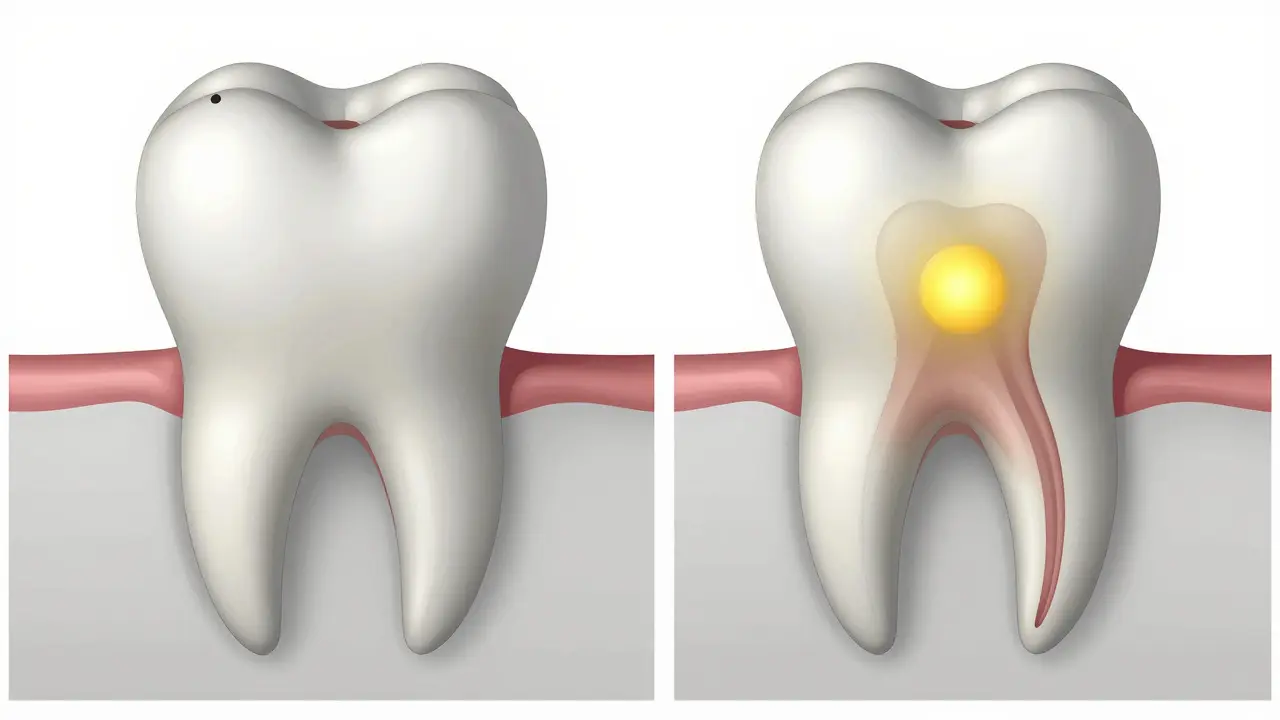 Medicínská 3D ilustrace rozdílu mezi zubním kazem a hnisavým abscesem u kořene zuba.