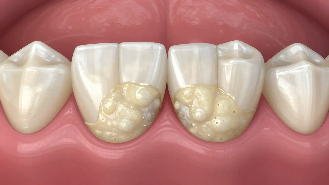 Průřez zubního můstku znázornující zánět dásní a hromadění plaku pod náhradou.