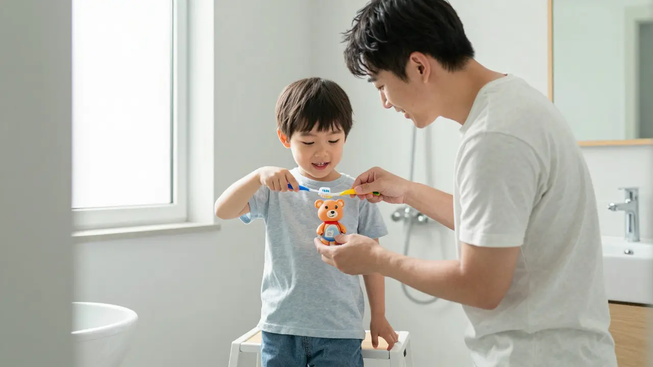 Rodič a dítě si doma hravě čistí zuby plyšovému medvídkovi.