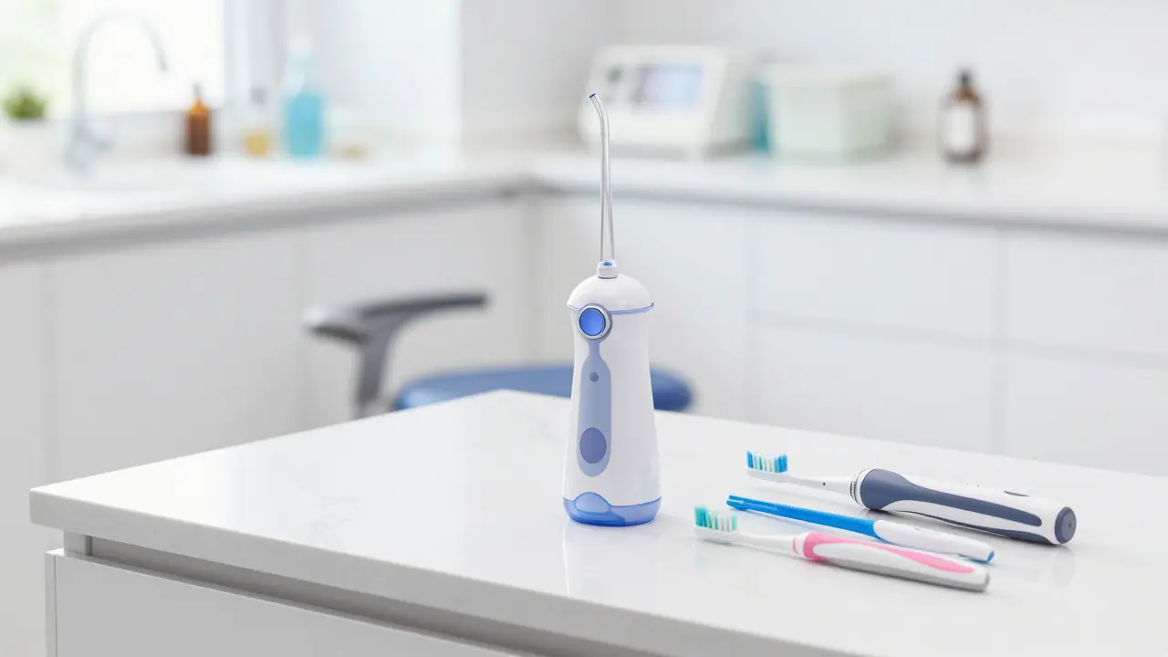 Sada pomůcek pro dentální hygienu: irigátor, mezizubní kartáčky a elektrický kartáček.