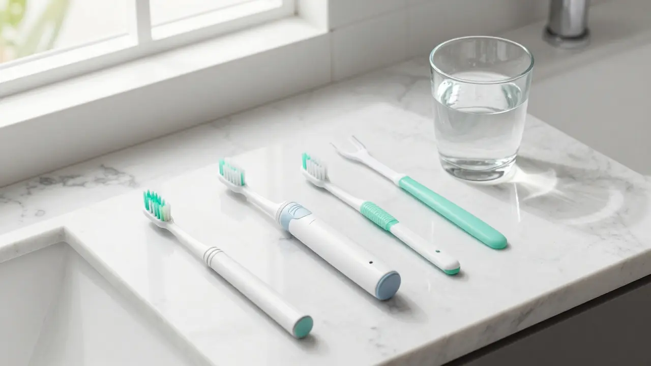 Sada pomůcek pro ústní hygienu včetně sonického kartáčku a mezizubních kartáčků.