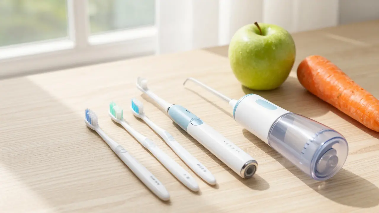Sada pro domácí péči o zuby s elektrickým kartáčkem a zdravou zeleninou