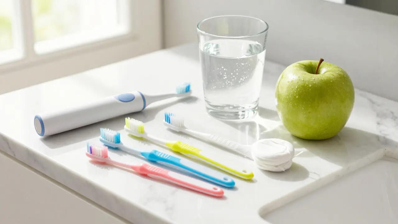 Sada pro domácí péči o zuby včetně sonického kartáčku a mezizubních pomůcek.