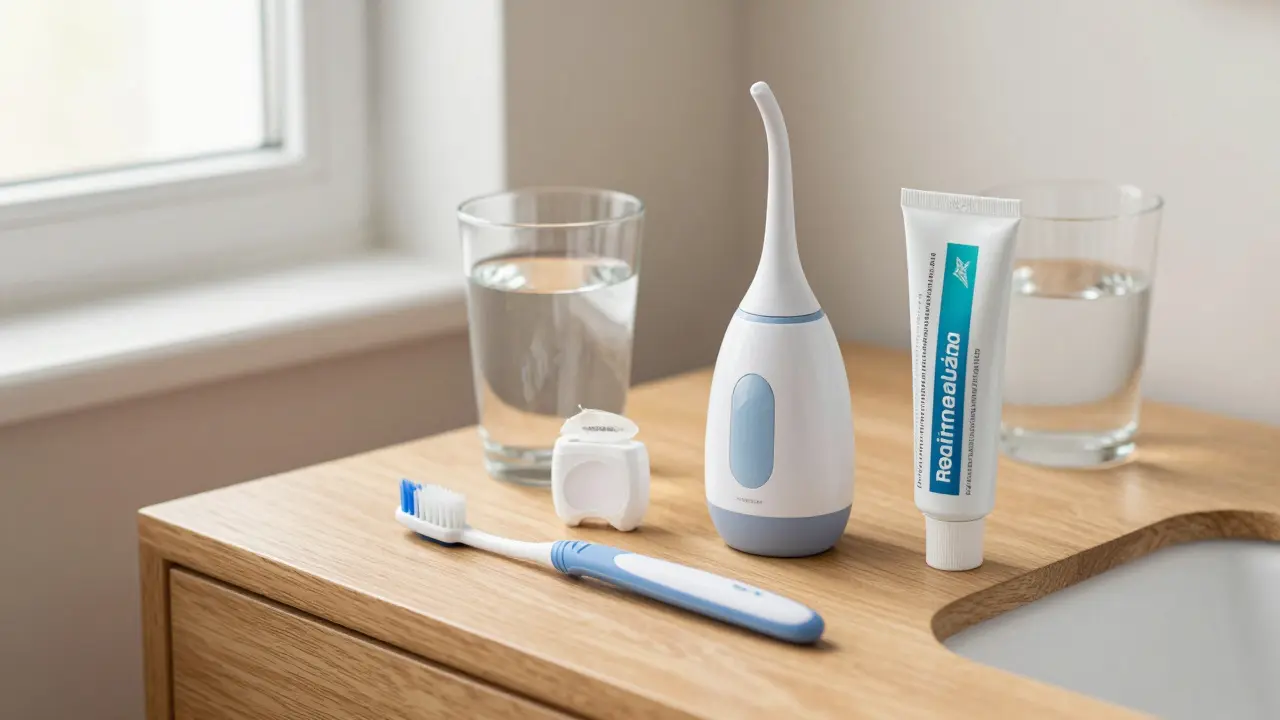 Sada pro komplexní hygienu zubů včetně kartáčku, nitě a ultrasonického čističe.