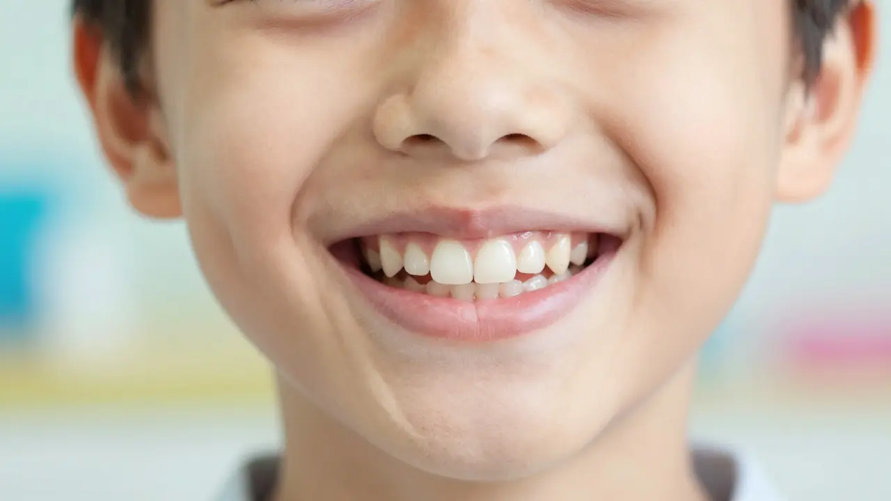 Úsměv dítěte s nenápadnou bílou plombou v mléčném zubě.