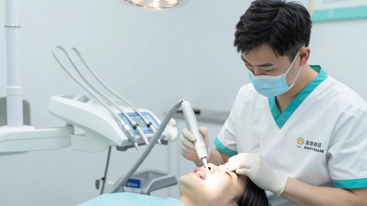 Zubní hygienistka provádí profesionální čištění metodou Airflow