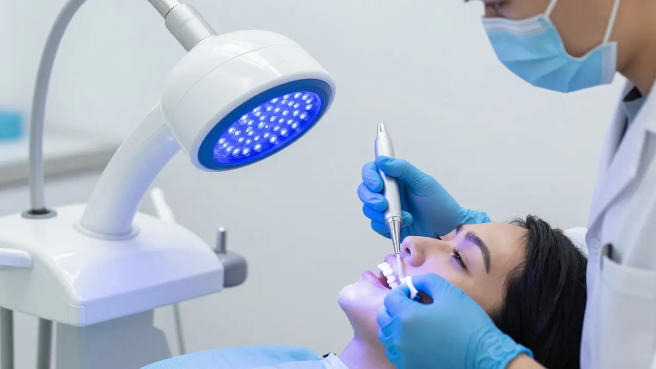 Zubní lékař aplikuje bělící gel na zuby pacienta v moderní ordinaci.