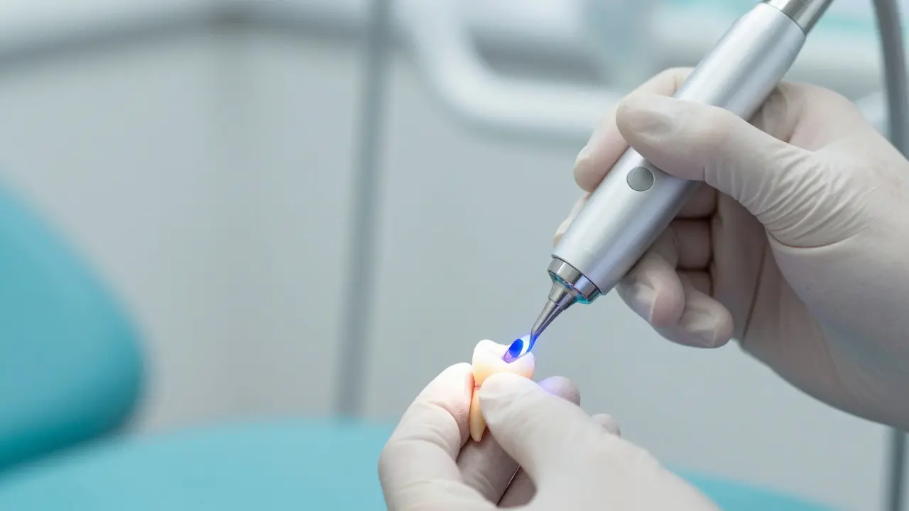 Zubní lékař používá modré světlo k vytvrzení kompozitní výplně v prasklém zubu.