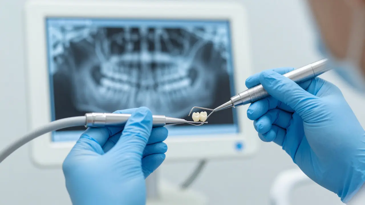 Zubní lékař provádí detailní kontrolu chrupu s rentgenem v pozadí.