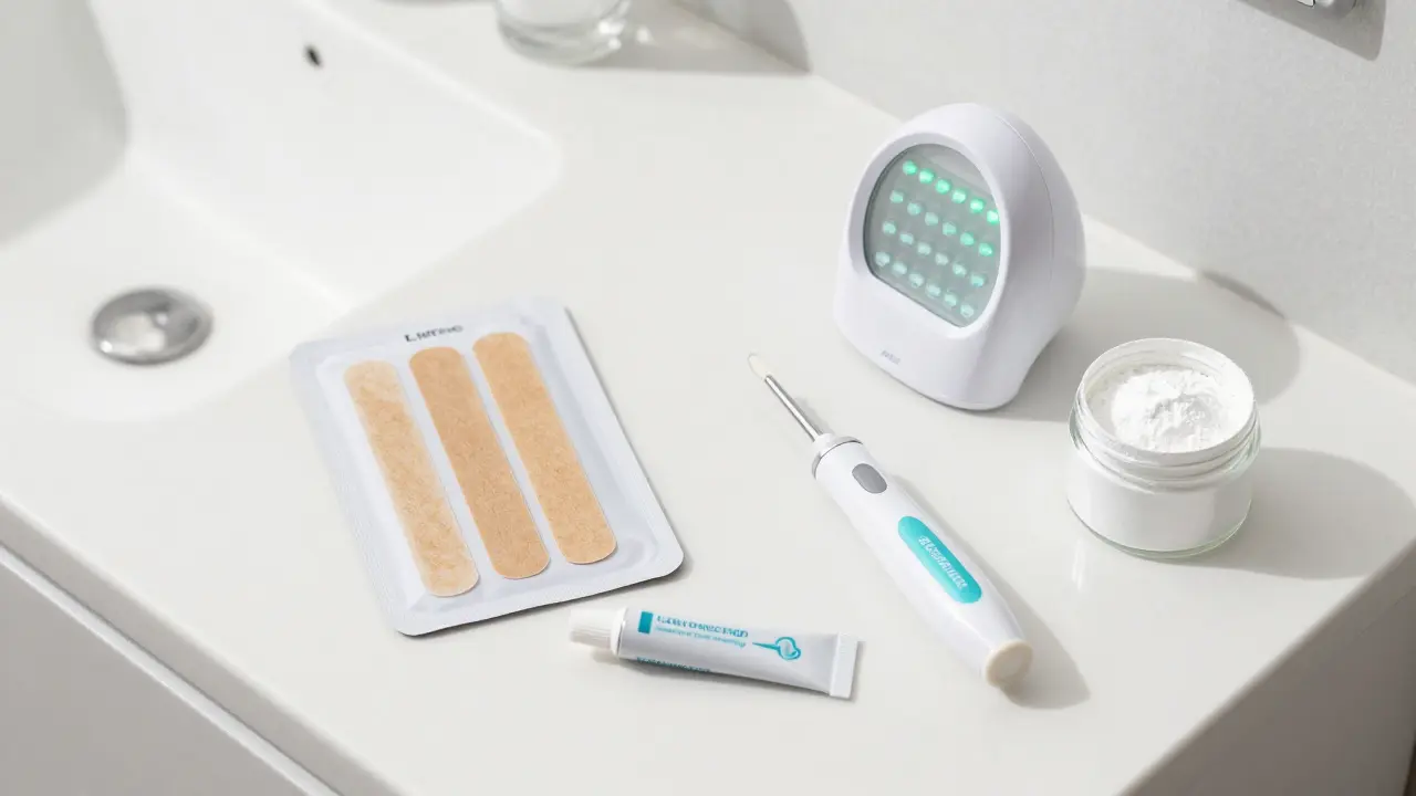 Domácí prostředky na bělení zubů: pásky, gel a led světlo na pultu.