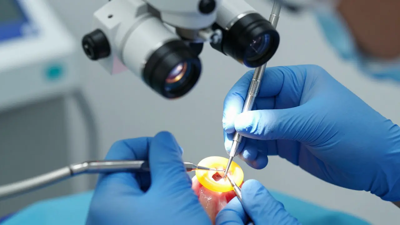 Endodontolog provádí korek kořene s mikroskopem a nástroji