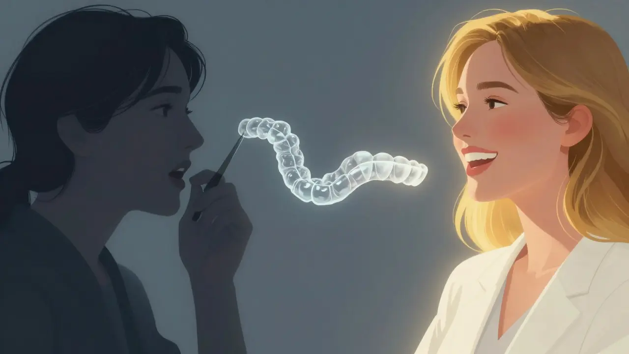 Konceptuální ilustrace přeměny nejistoty na sebevědomí díky rovným zubům.