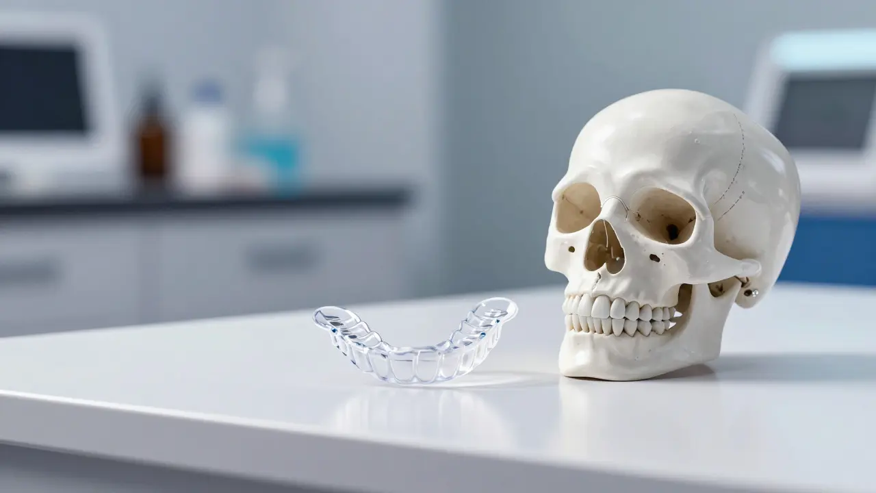 Moderní transparentní náustky a 3D model zubů pro diskrétní ortodoncii.