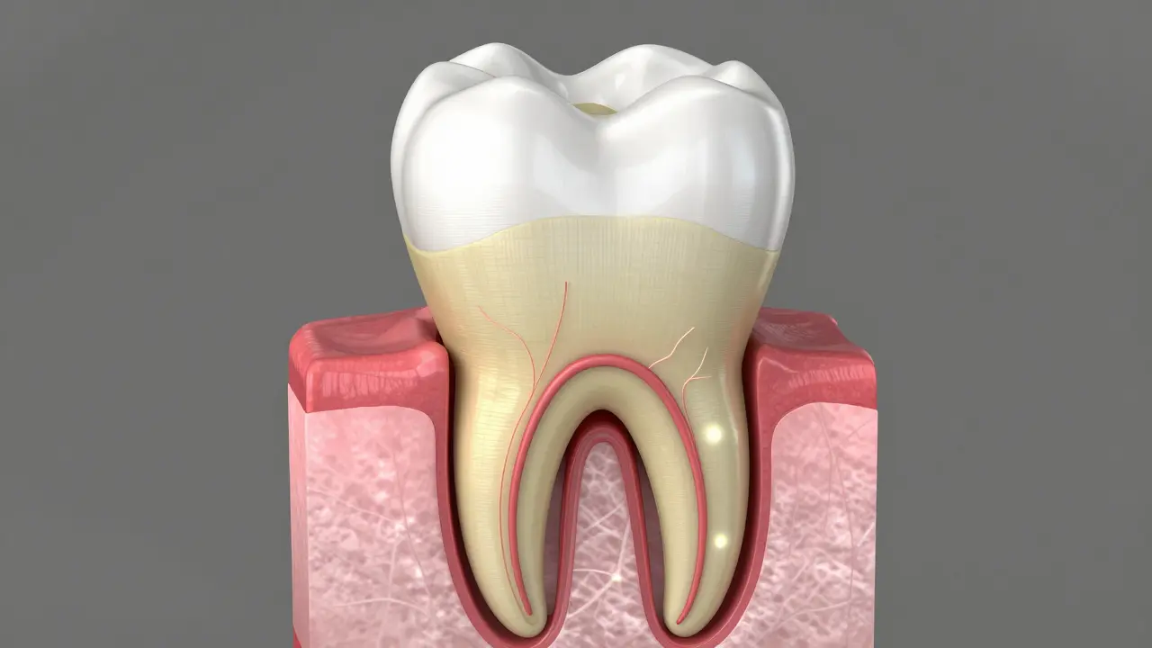 Příčný řez zuby ukazující vrstvy: ement, dentin, pulpu a kořen.