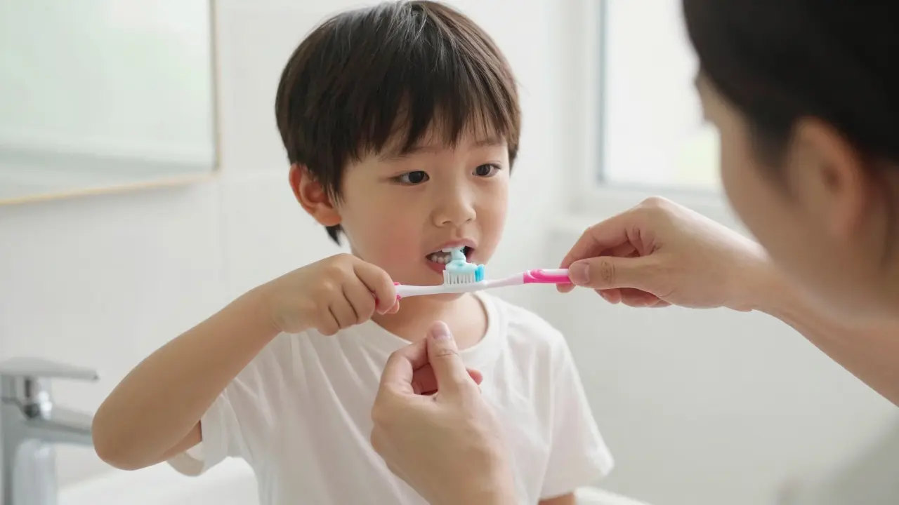 Rodič pomáhá dítěti s kartáčováním zubů pro prevenci kazu