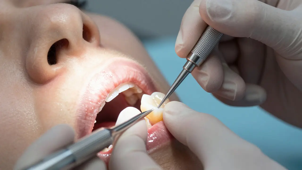 Záběr zblízka na aplikaci kompozitního materiálu na zub dentálním nástrojem