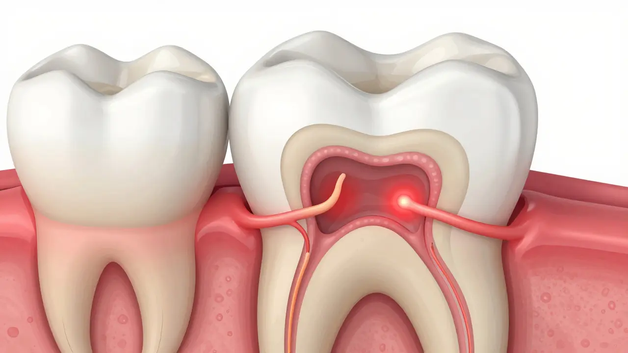 Anatomický průřez zubem ukazující zánět nervu a tlak kolem kořene