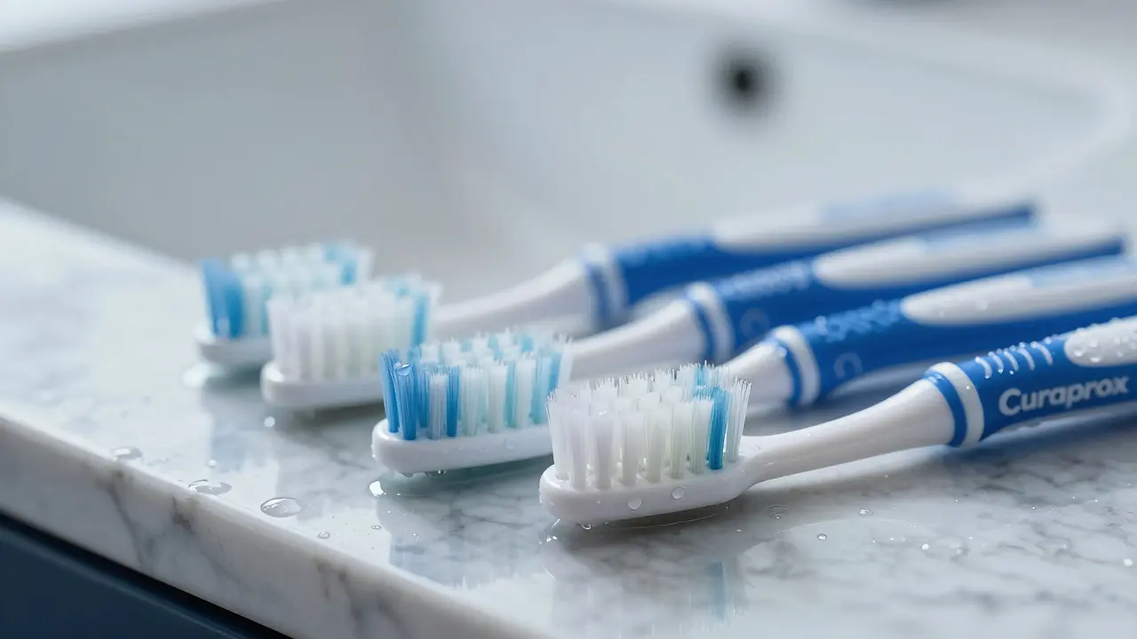 Detail mikrovláknového kartáčku Curaprox na mramorové desce vedle dřezu