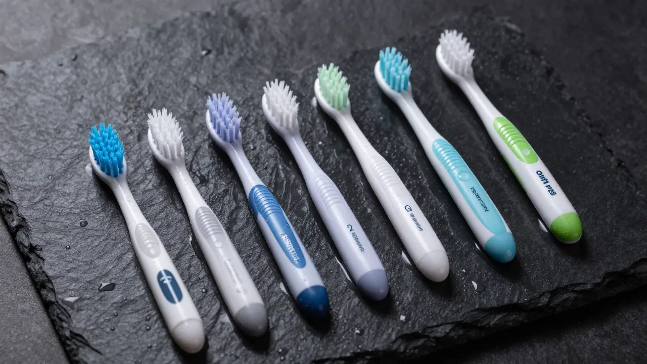 Detailní záběr různých typů hlavic Sonicare na kamenném povrchu