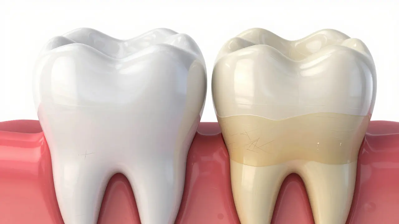 Ilustrace eroze zubního skloviny a žloutnutí dentinu